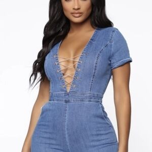 Fashion Nova Blue Lace-Up Denim Jumpsuit